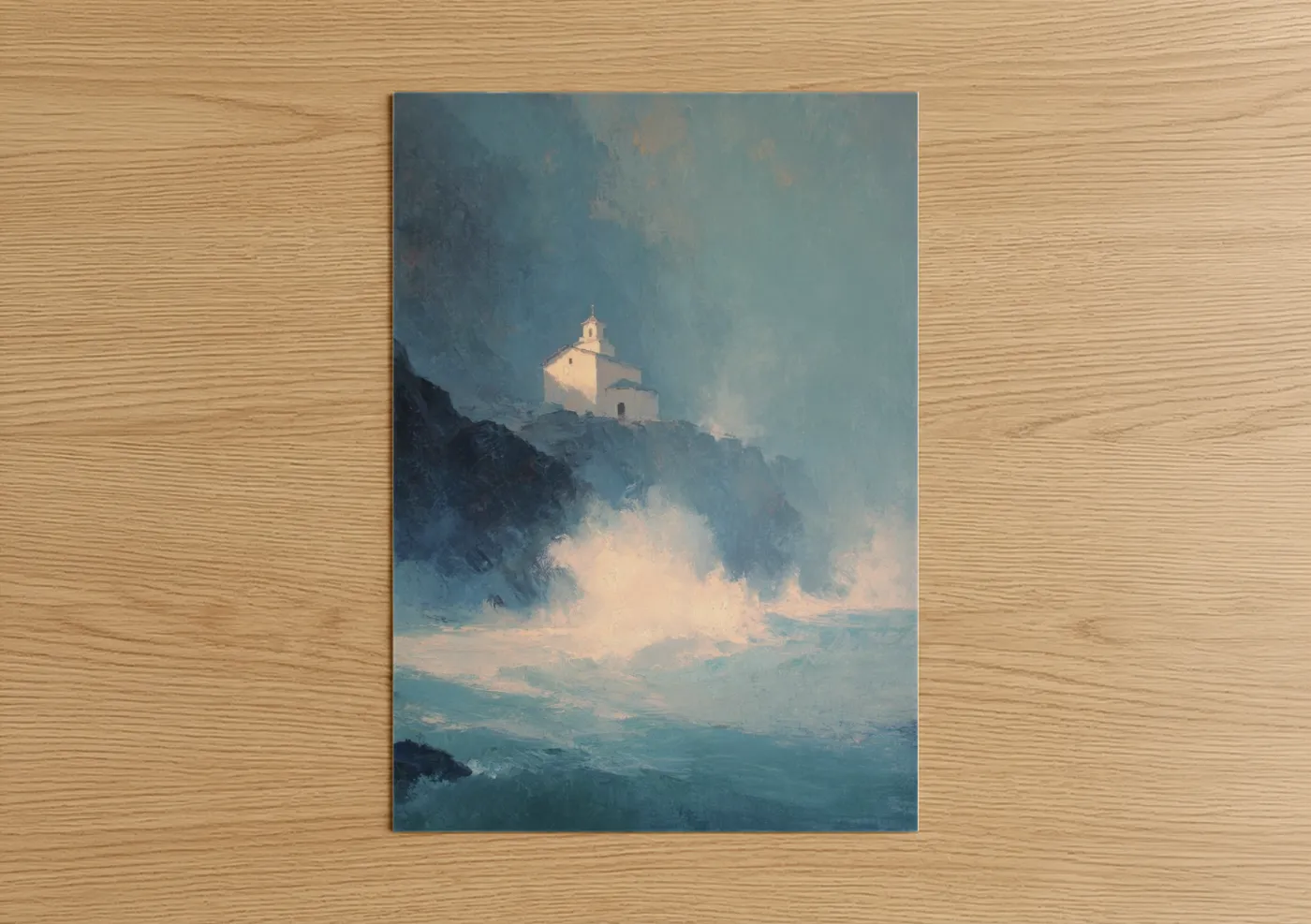 Churches and chapels art print on warm oak wood — blue and cream palette — Coastal Chapel poster