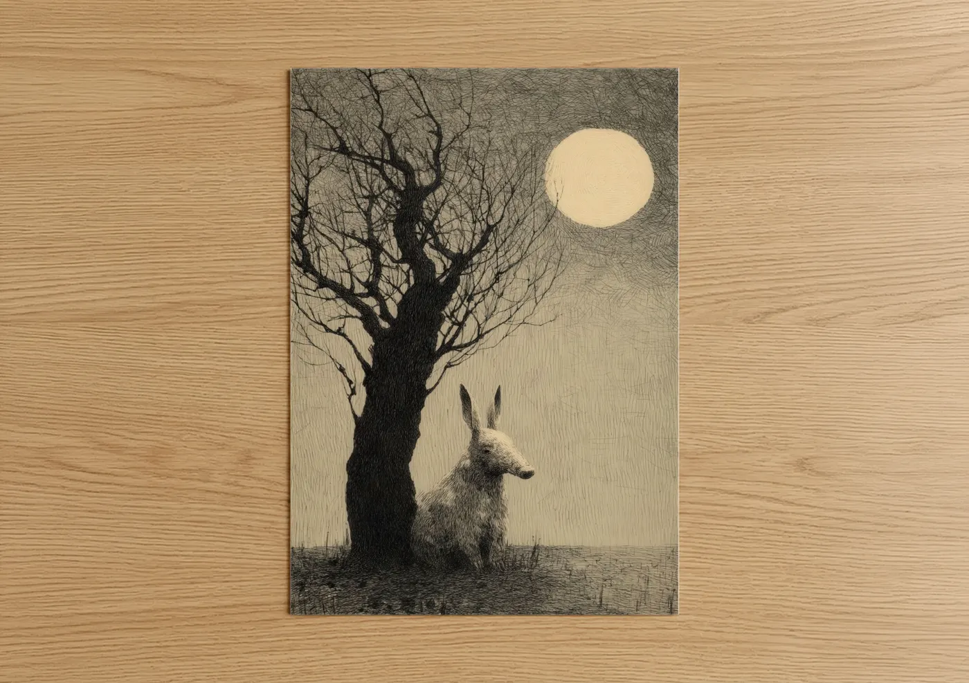 Art print on warm oak wood — black and white palette — Moonlit Aardvark poster