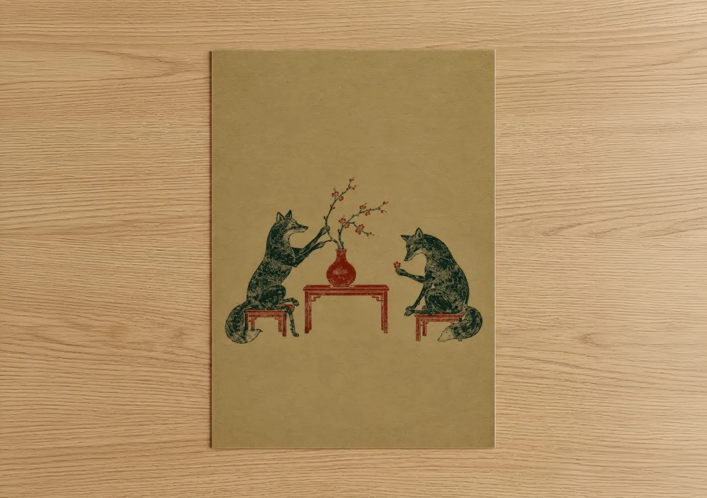 Art print on warm oak wood — beige and red palette — Japanese Fox Cherry Blossom Wall Art poster