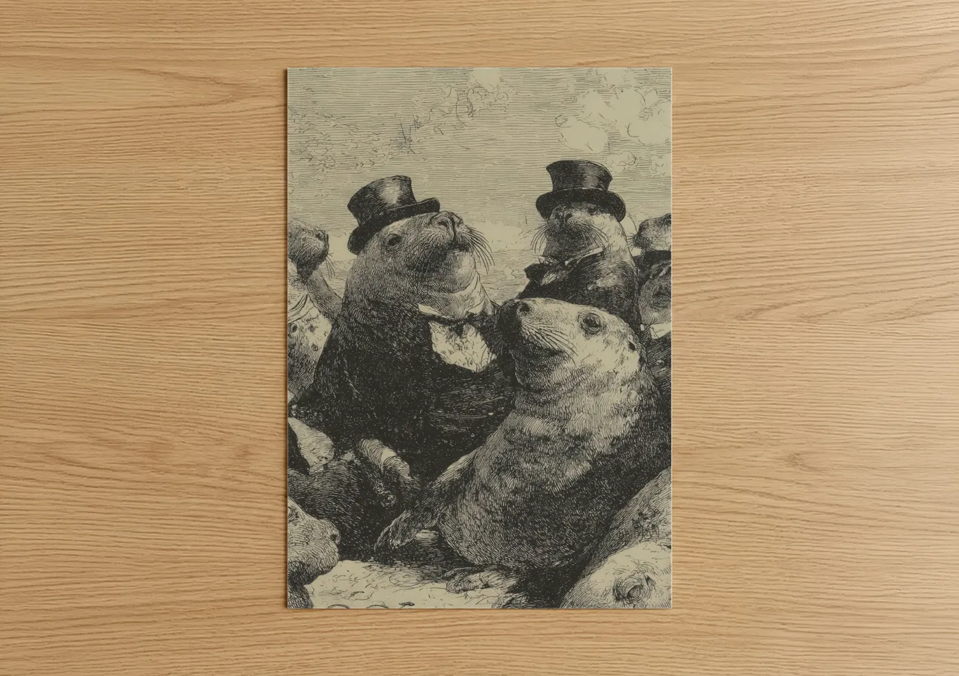 Victorian Seals in Top Hats Etching Wall Art