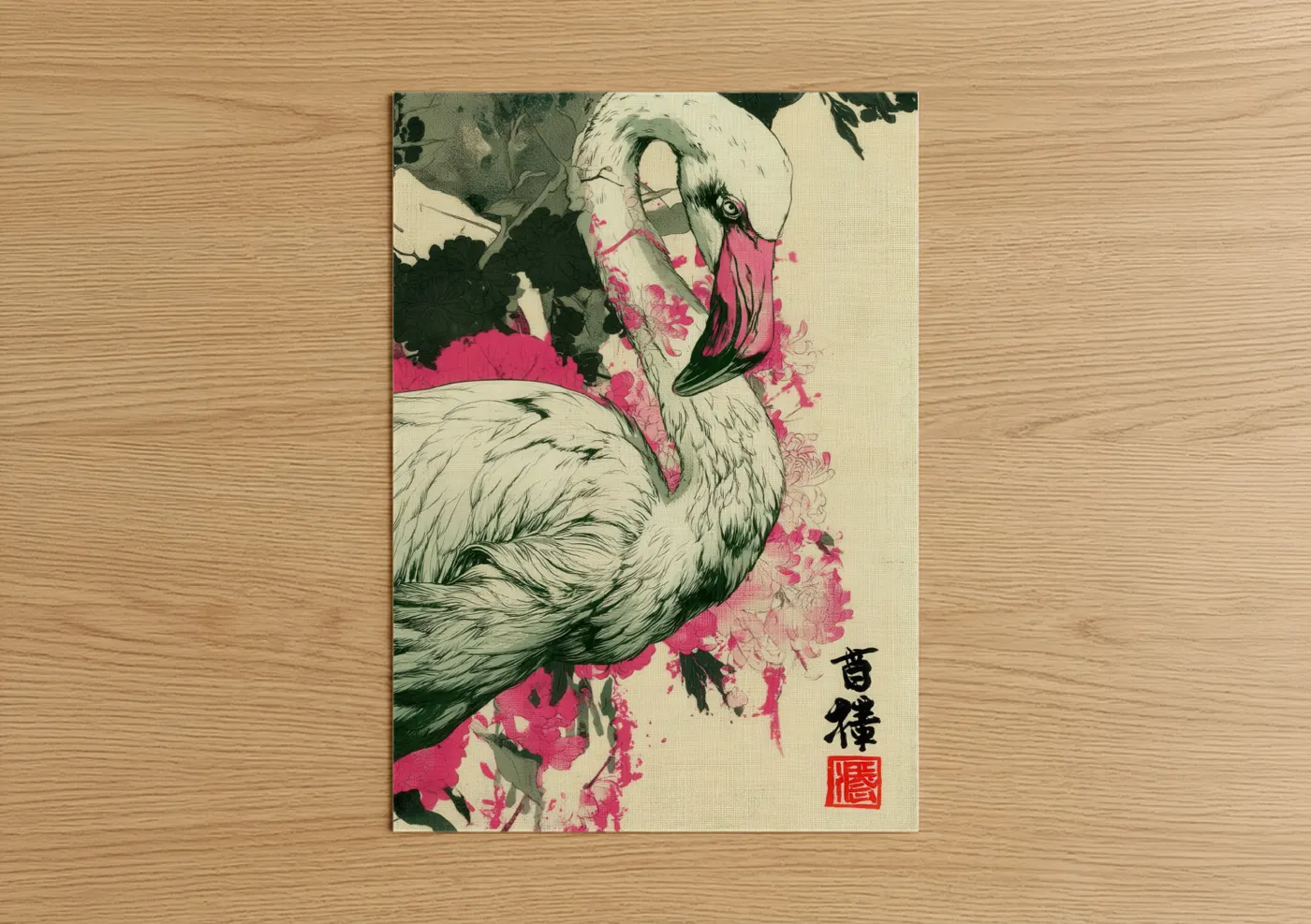 Art print on warm oak wood — magenta and black and white palette — Pink Flamingo poster
