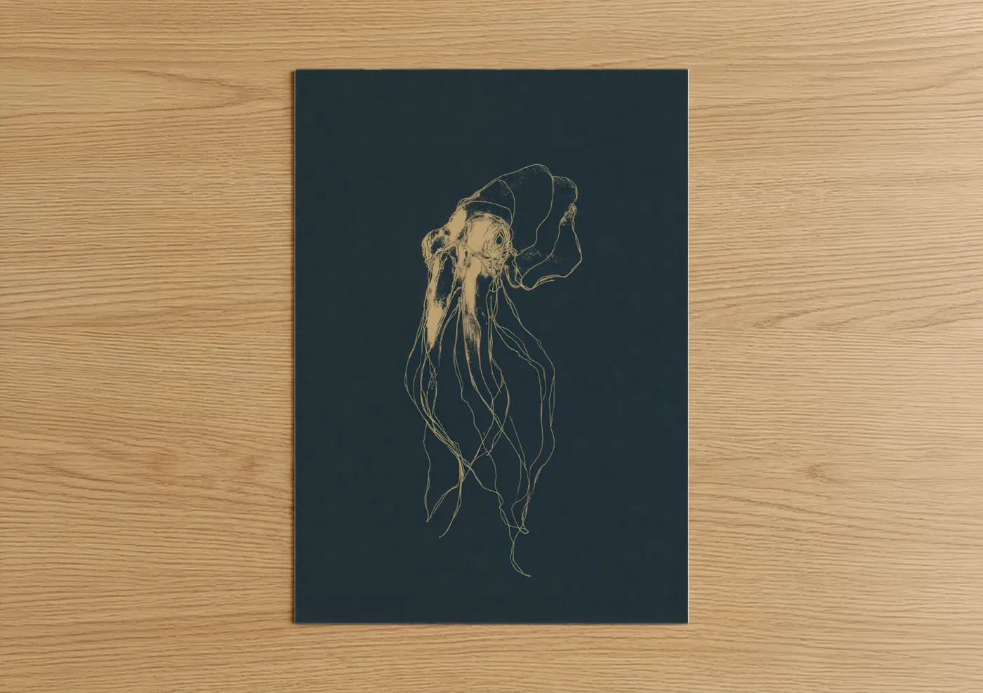 Golden Squid Line Art Illustration Wall Art