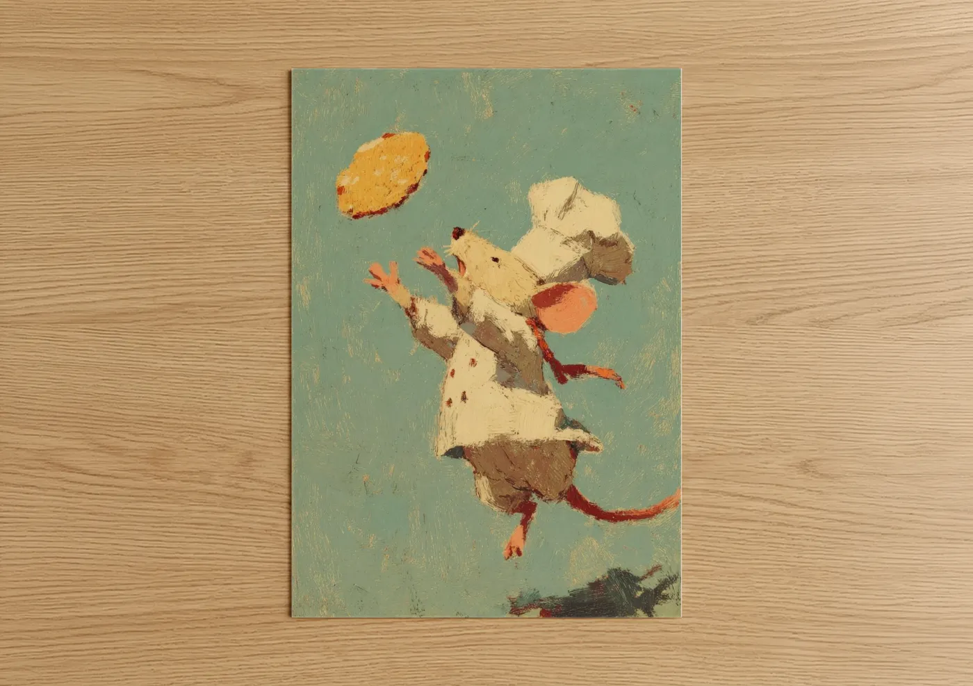 Mice art print on warm oak wood — sage green and gold palette — Playful Mouse poster
