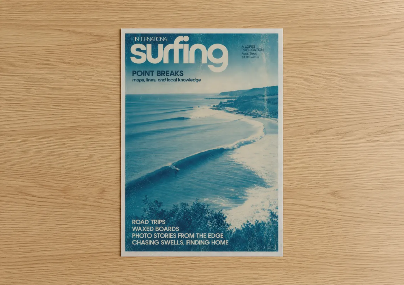 Art print on warm oak wood — blue and turquoise palette — Vintage Surfing Magazine Cover Wall Art poster