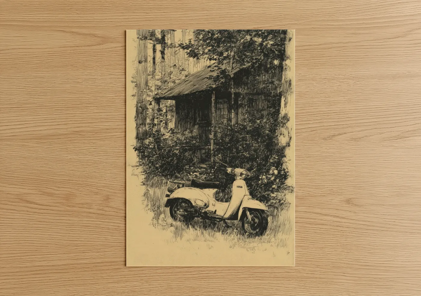 Vintage Scooter Cottage Garden Sketch Wall Art
