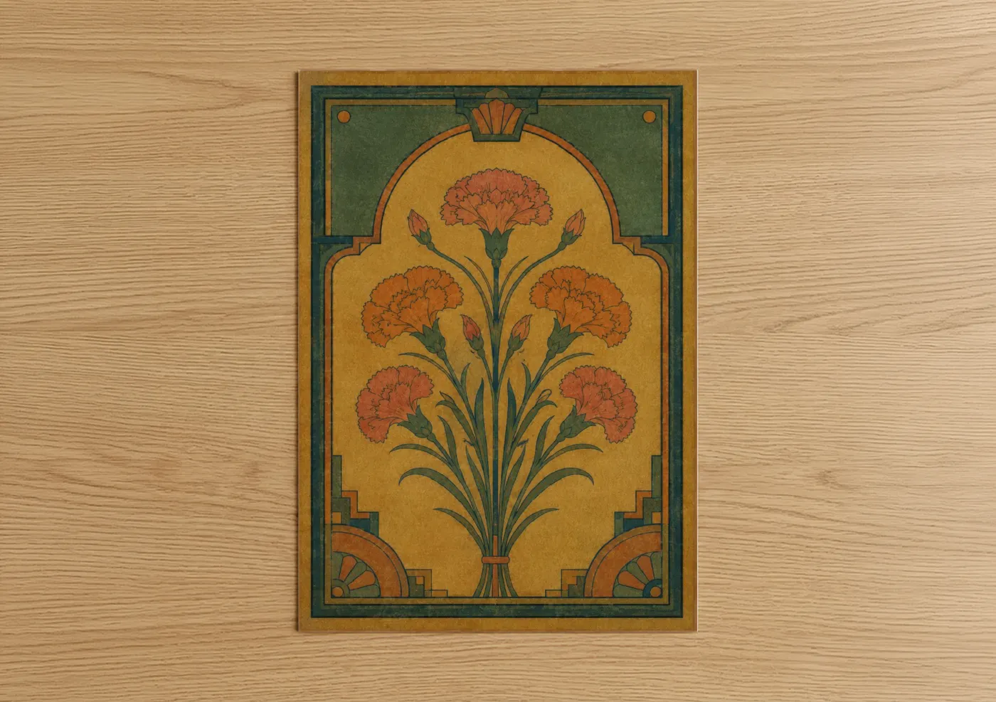 Carnations art print on warm oak wood — gold and orange palette — Art Deco Carnation Bouquet Wall Art poster