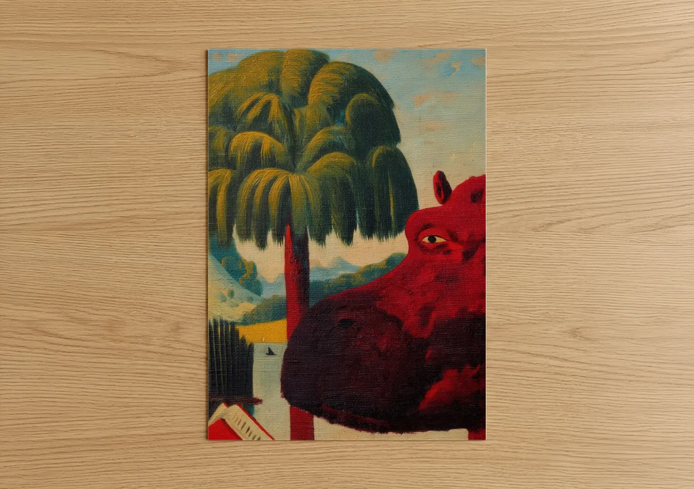 Art print on warm oak wood — red and gold palette — Crimson Hippo poster