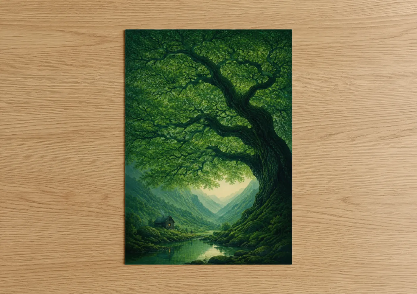 Forest and jungle art print on warm oak wood — true green and light green palette — Enchanted Forest Valley Wall Art poster