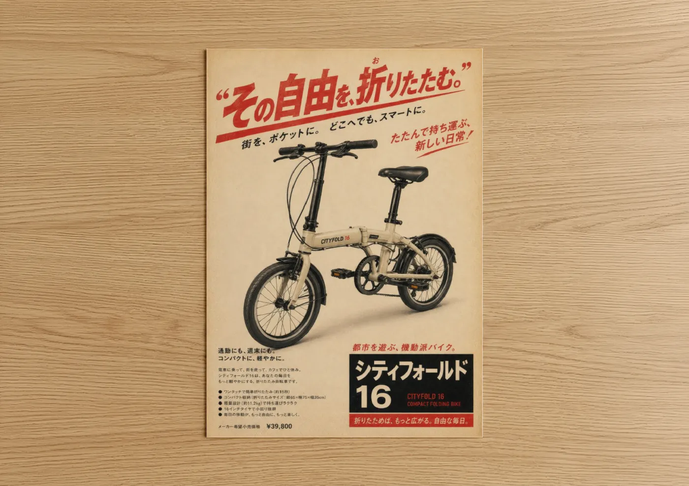 Art print on warm oak wood — beige and red palette — Vintage Japanese Bicycle Ad Wall Art poster