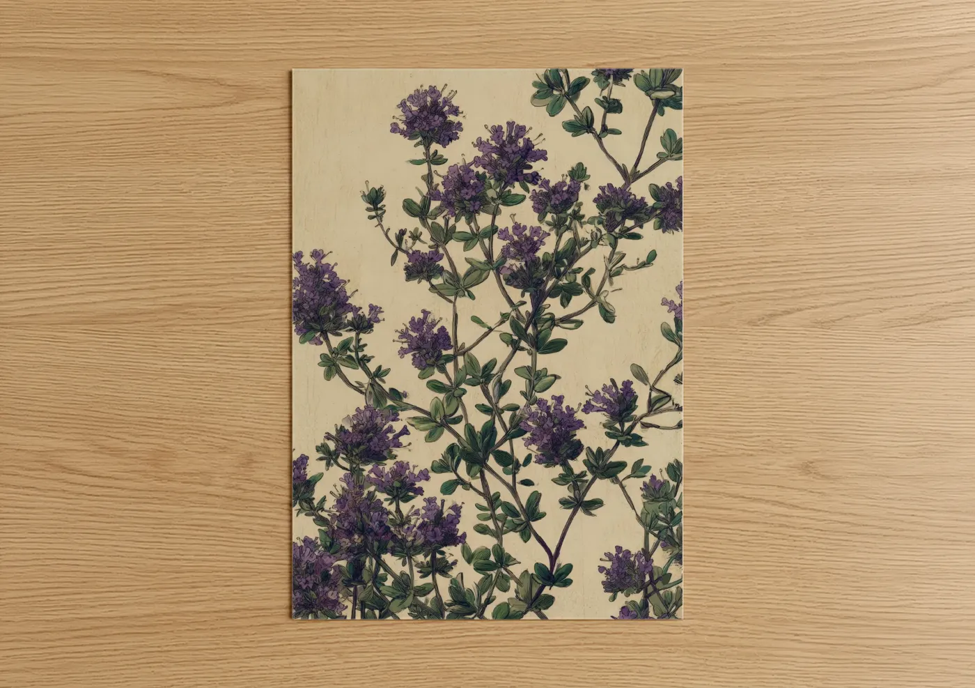 Herbs art print on warm oak wood — cream and purple palette — Purple Thyme Botanical poster