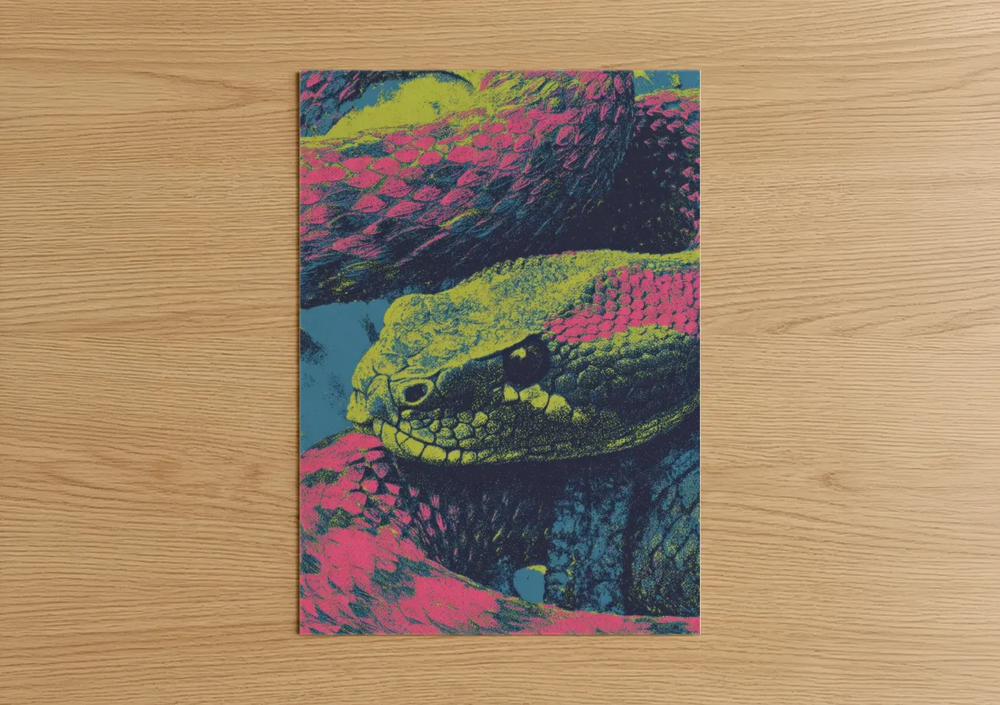 Art print on warm oak wood — magenta and lime green palette — Neon Rattlesnake poster