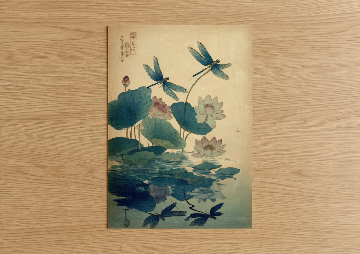 Dragonflies and lotus flowers art print Wall Art