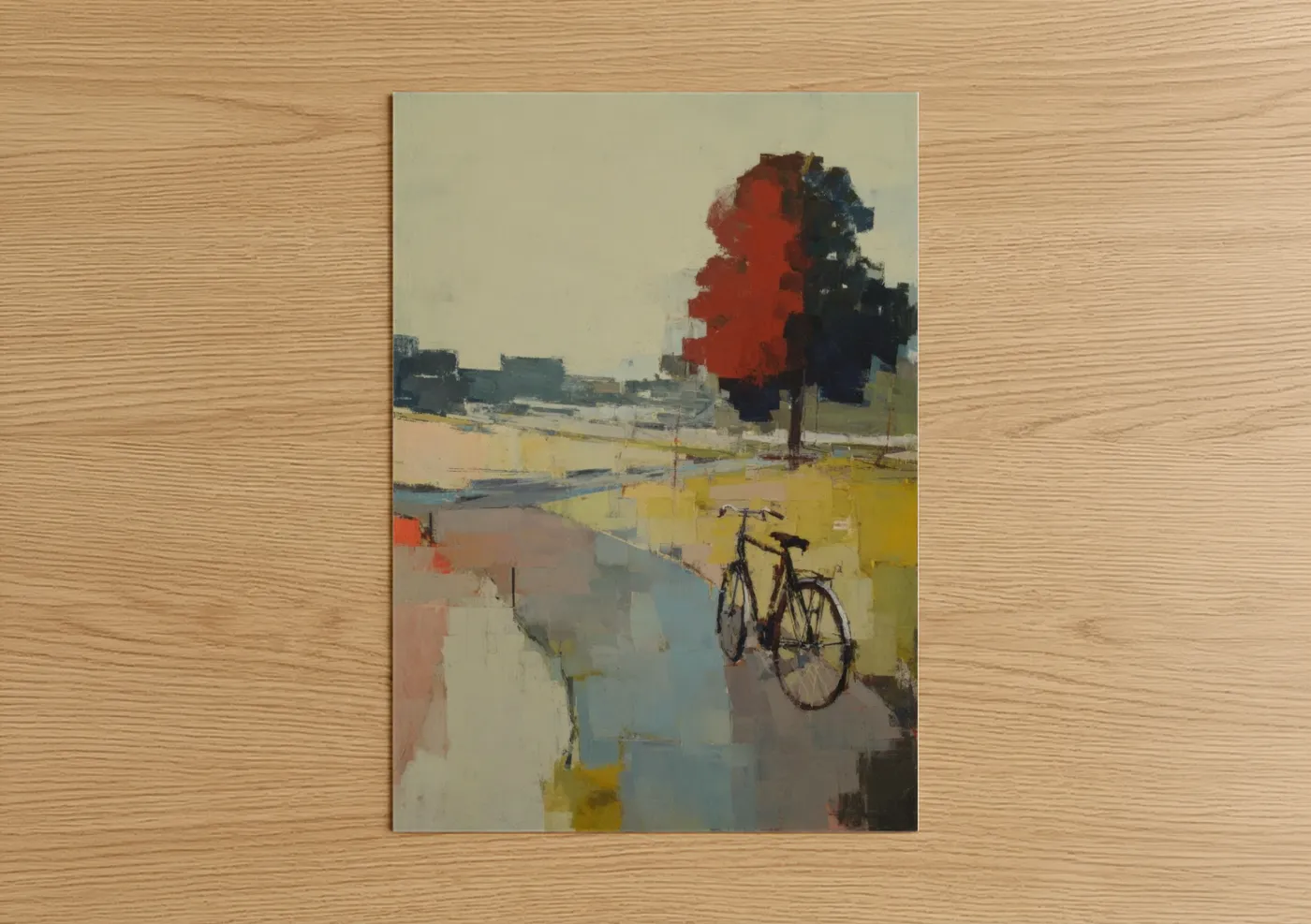 Art print on warm oak wood — red and blue palette — Urban Bicycle Landscape poster