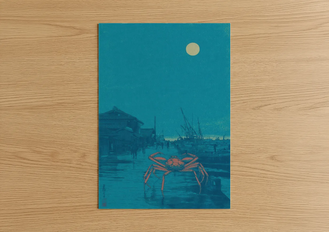Moonlit Harbor Crab Japanese Wall Art