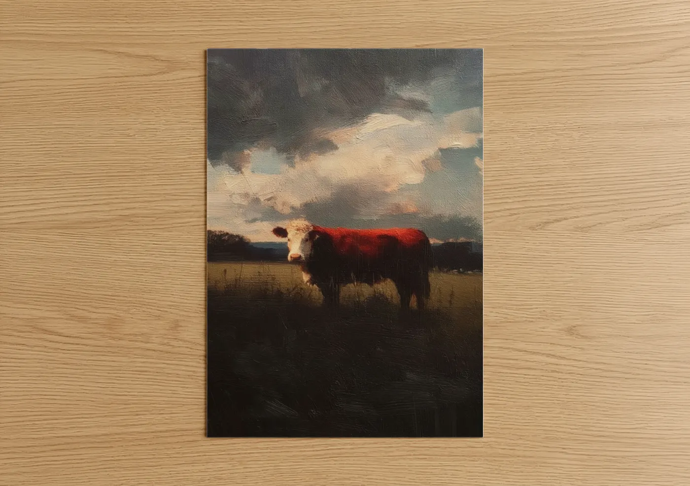 Hereford cow art print on warm oak wood — gold and gray palette — Hereford at Dusk poster