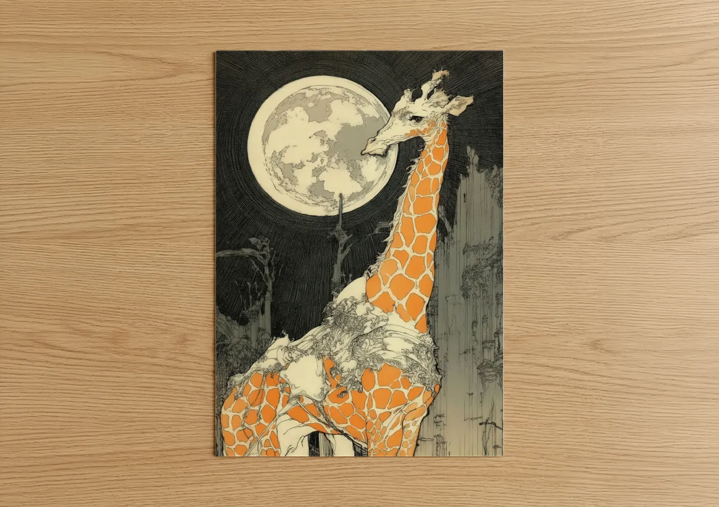 Moonlit Giraffe Night Sky Illustration Wall Art