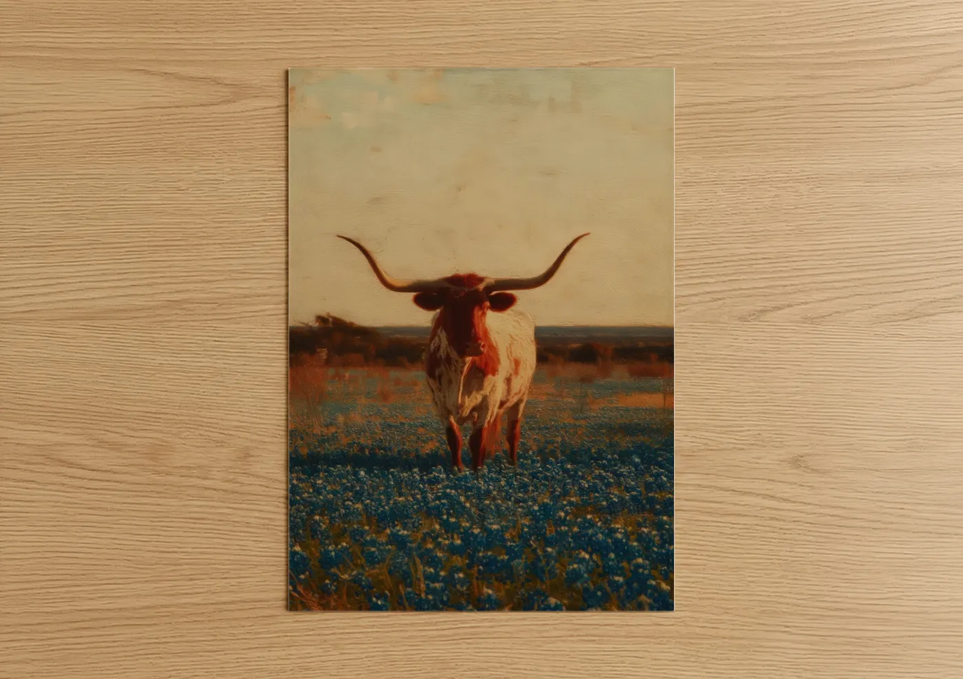 Longhorn cow art print on warm oak wood — gold and russet palette — Golden Longhorn poster