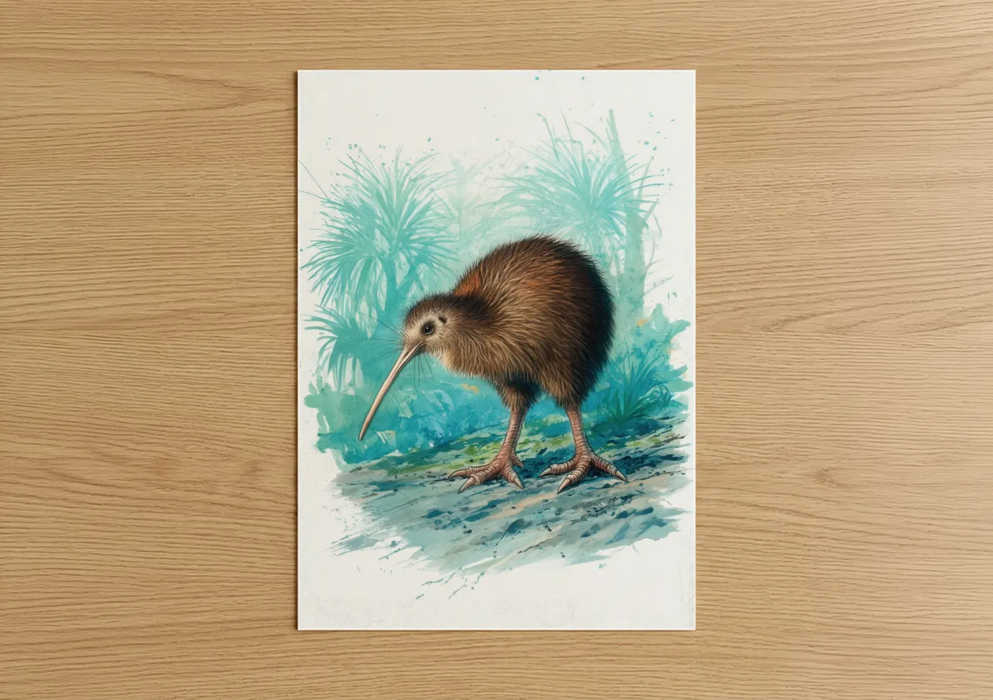 Art print on warm oak wood — teal and brown palette — Coastal Kiwi poster