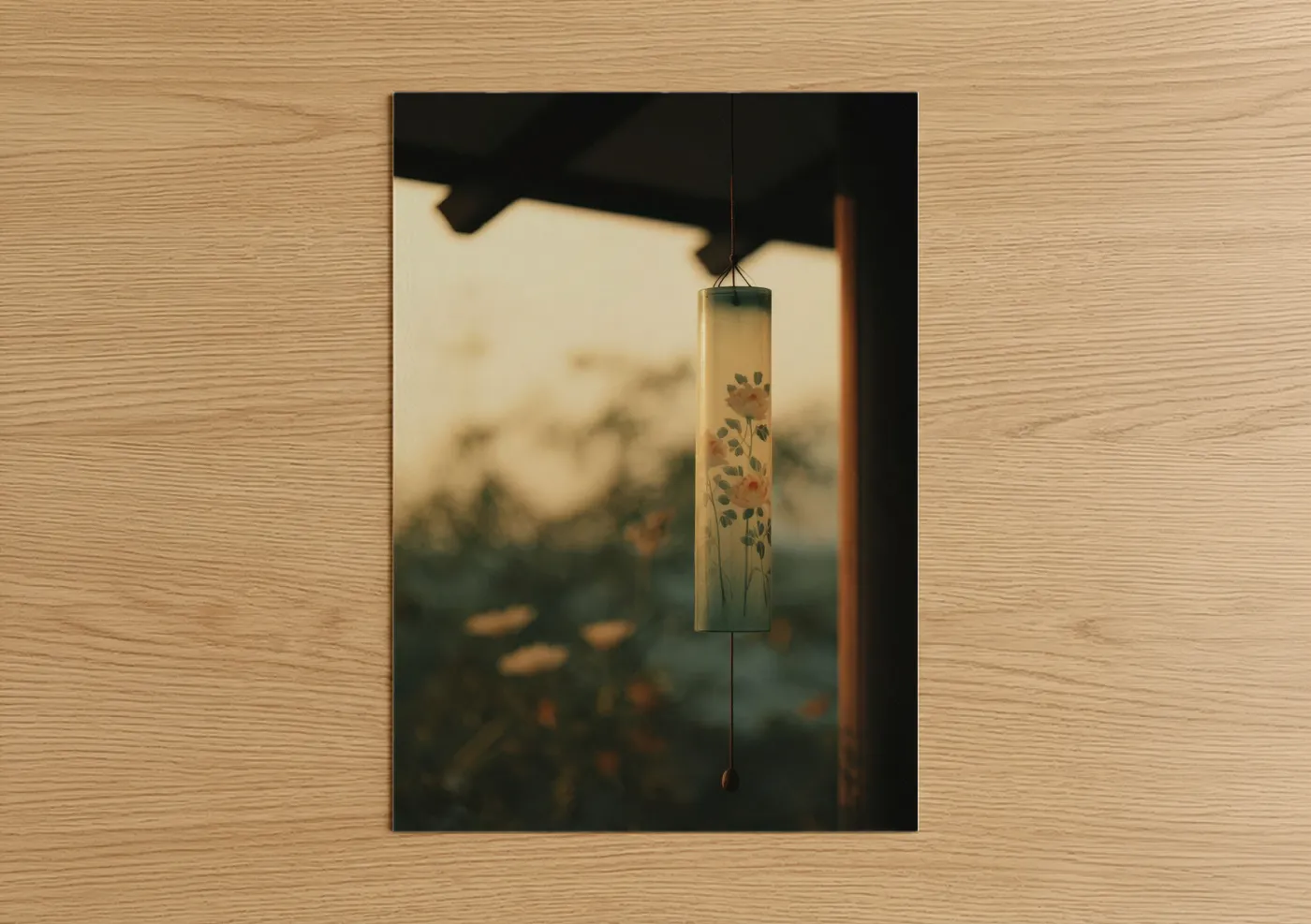 Glassworking art print on warm oak wood — gold and sage green palette — Botanical Wind Chime poster