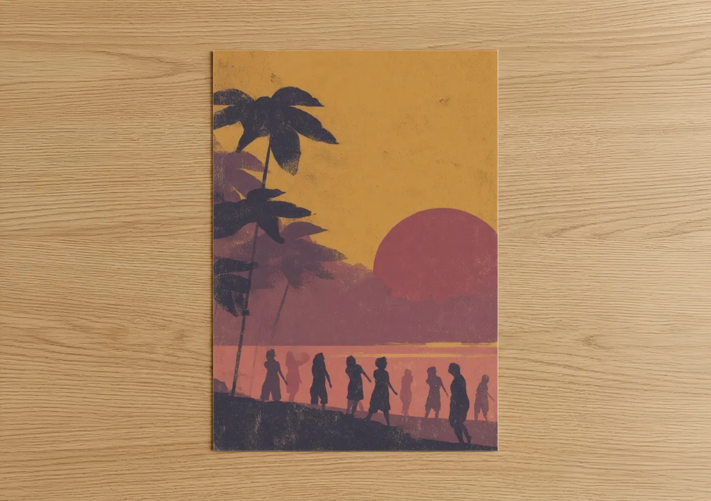 Art print on warm oak wood — gold and maroon palette — Tropical Zumba Sunset poster
