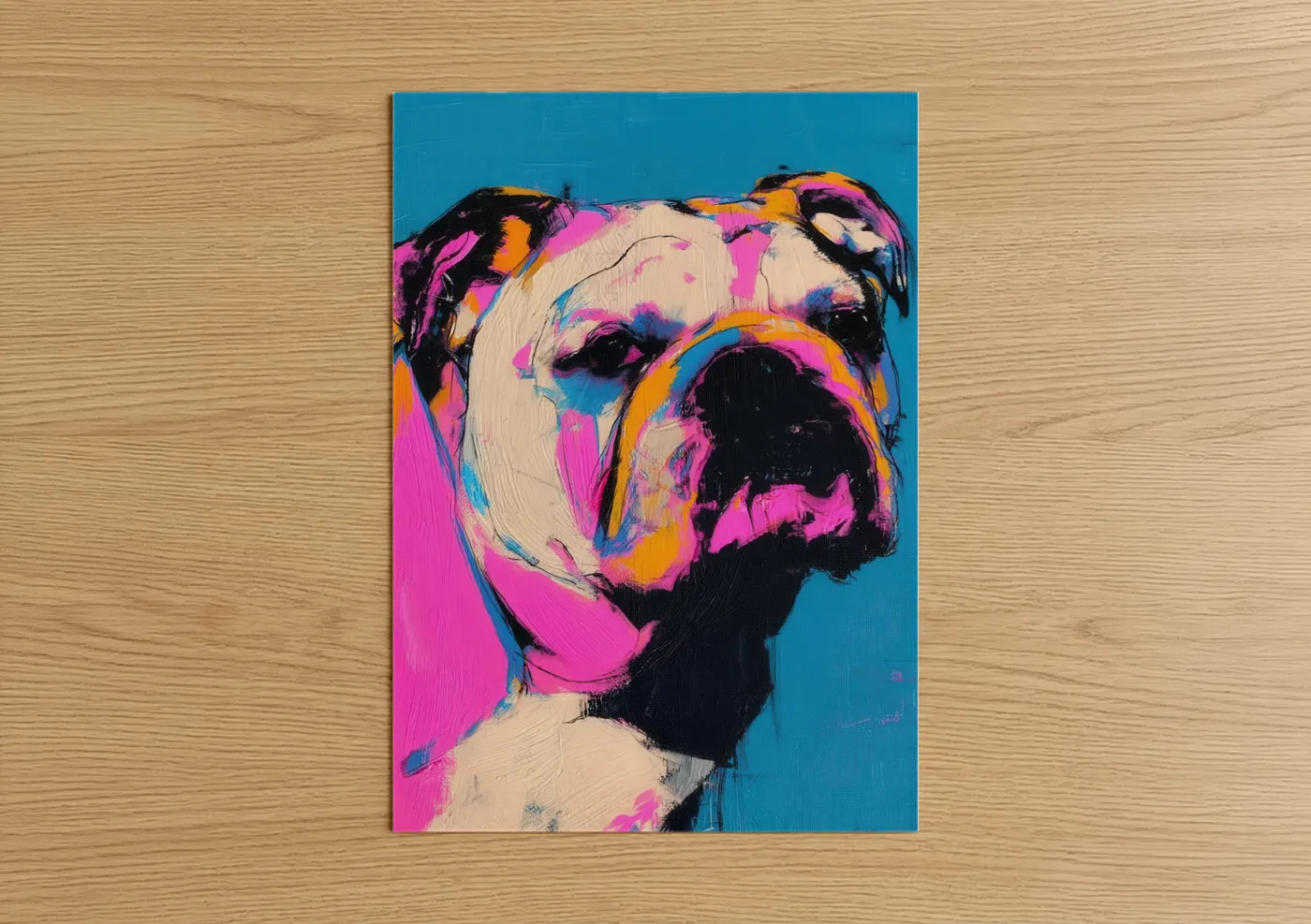 Art print on warm oak wood — magenta and blue palette — Colorful Bulldog poster