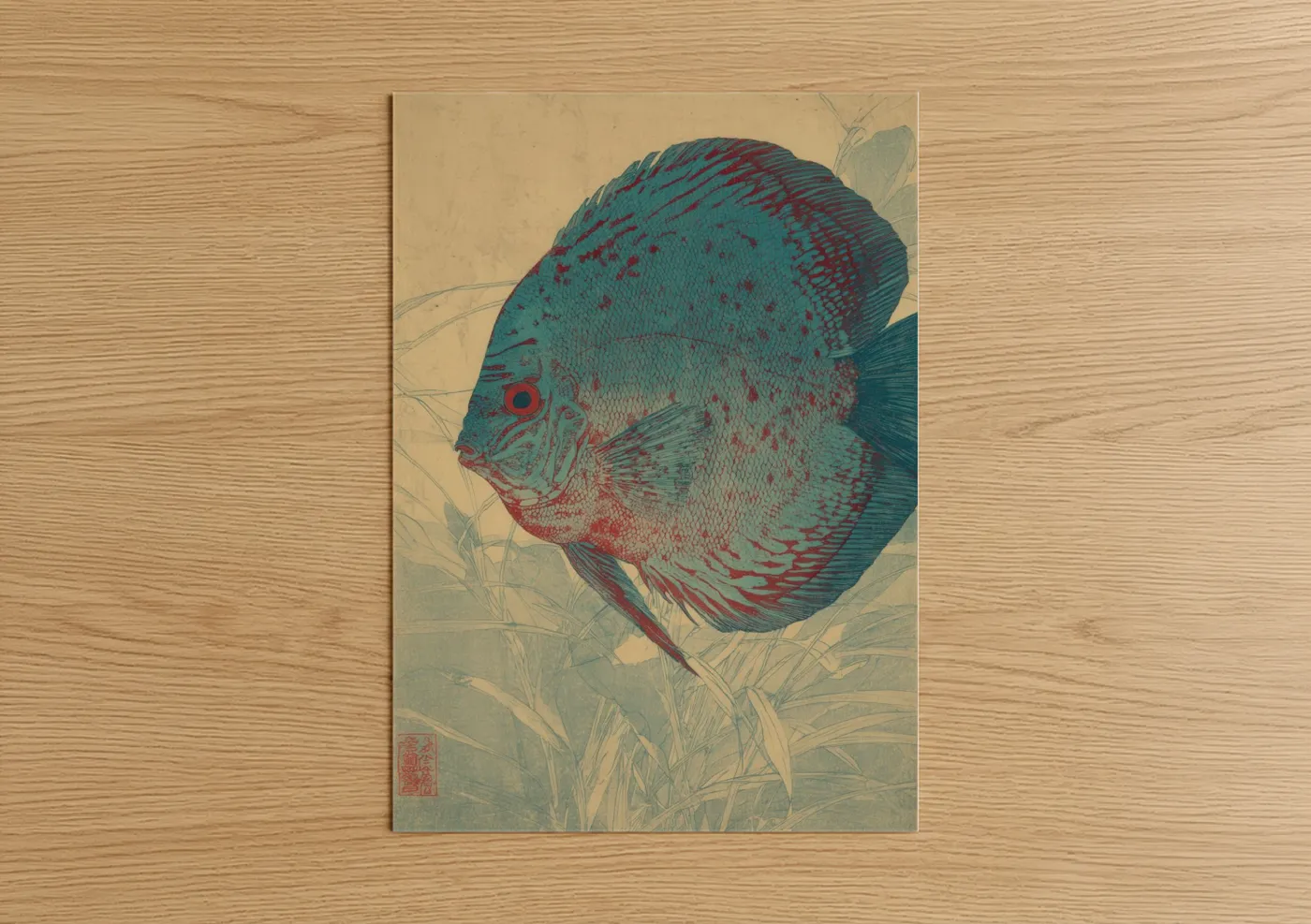 Art print on warm oak wood — teal and red palette — Crimson Discus Fish poster