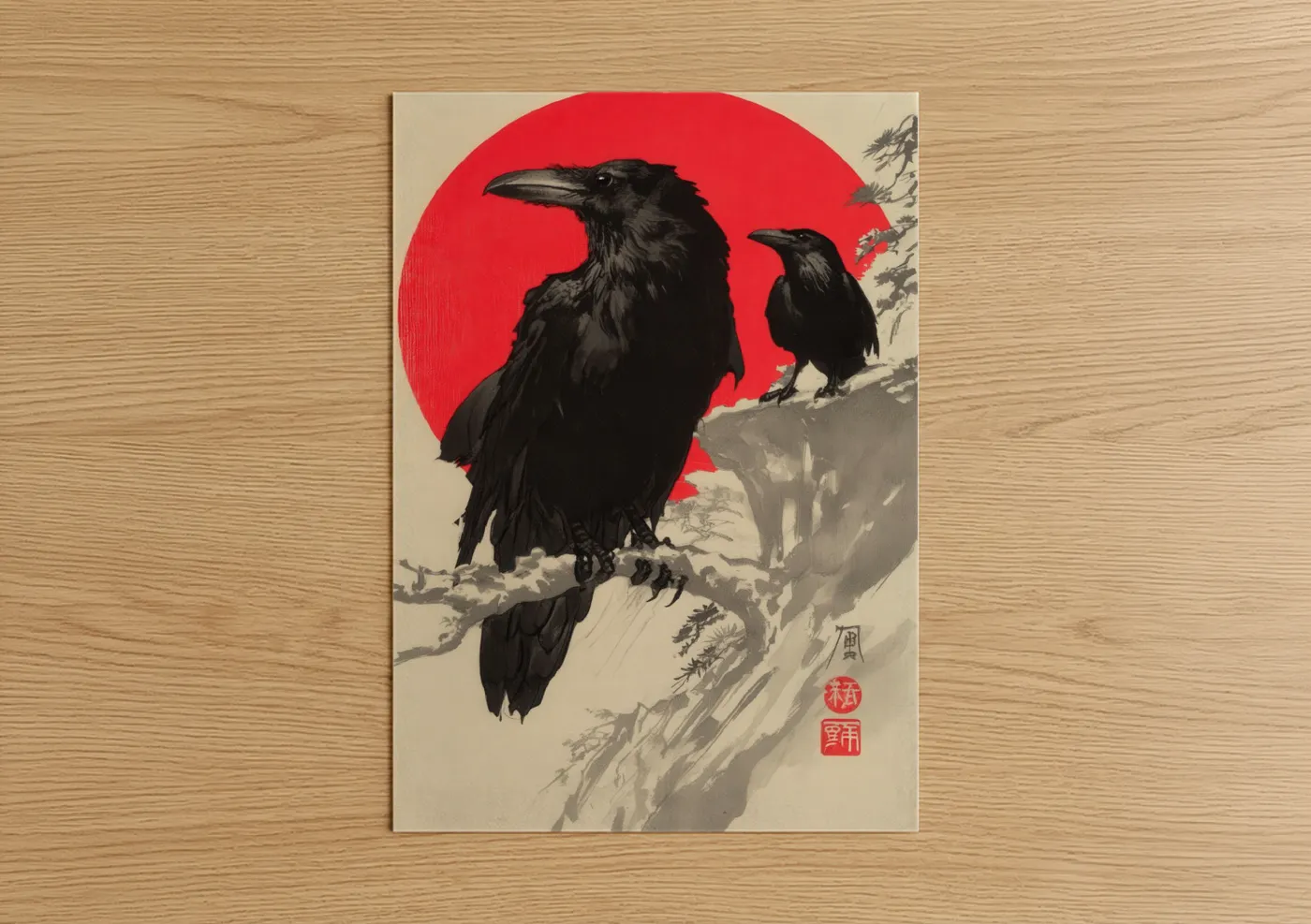 Crows and ravens art print on warm oak wood — black and red palette — Crimson Sentinel Ravens poster