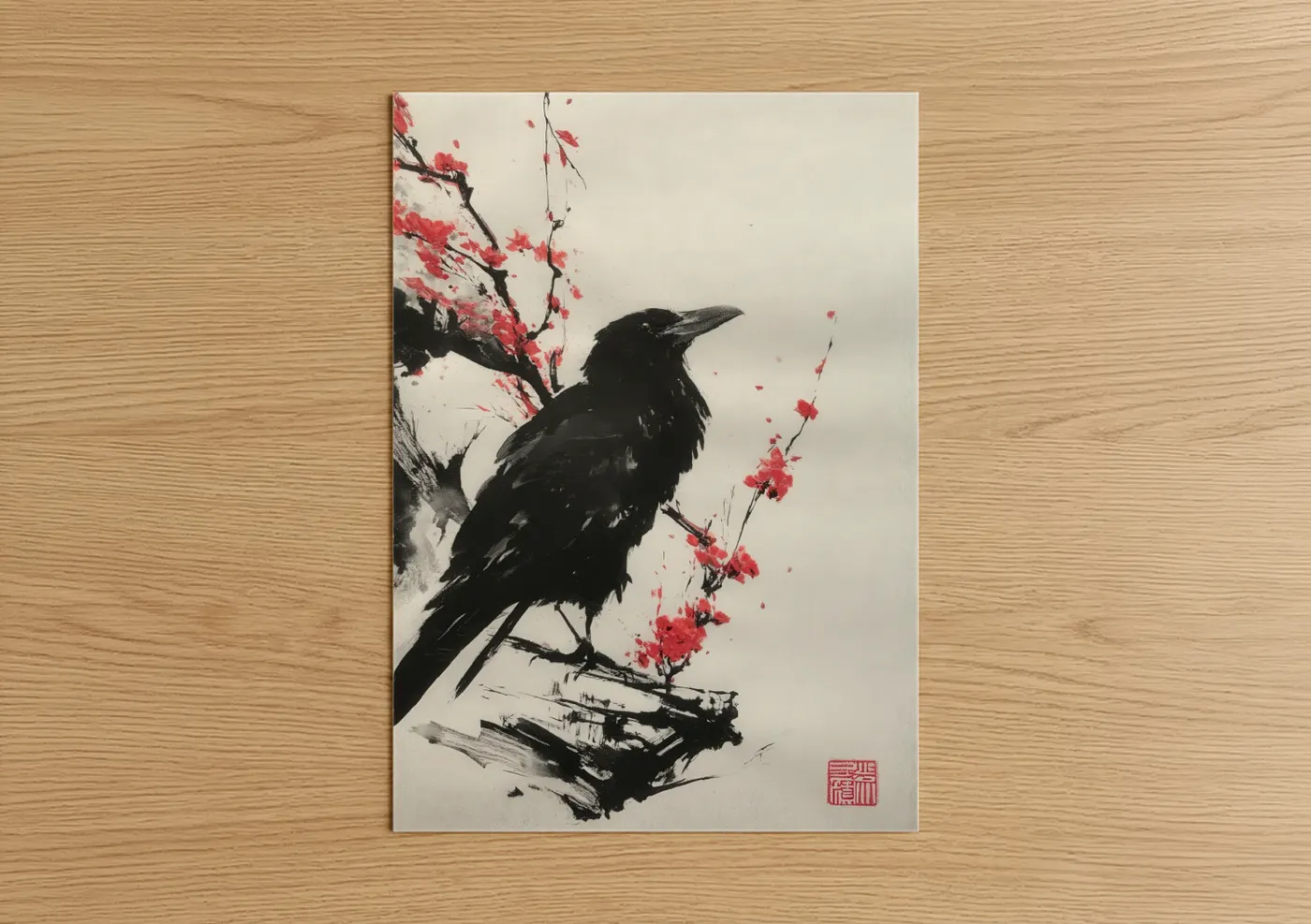 Crows and ravens art print on warm oak wood — black and white and salmon pink palette — Cherry Blossom Raven poster