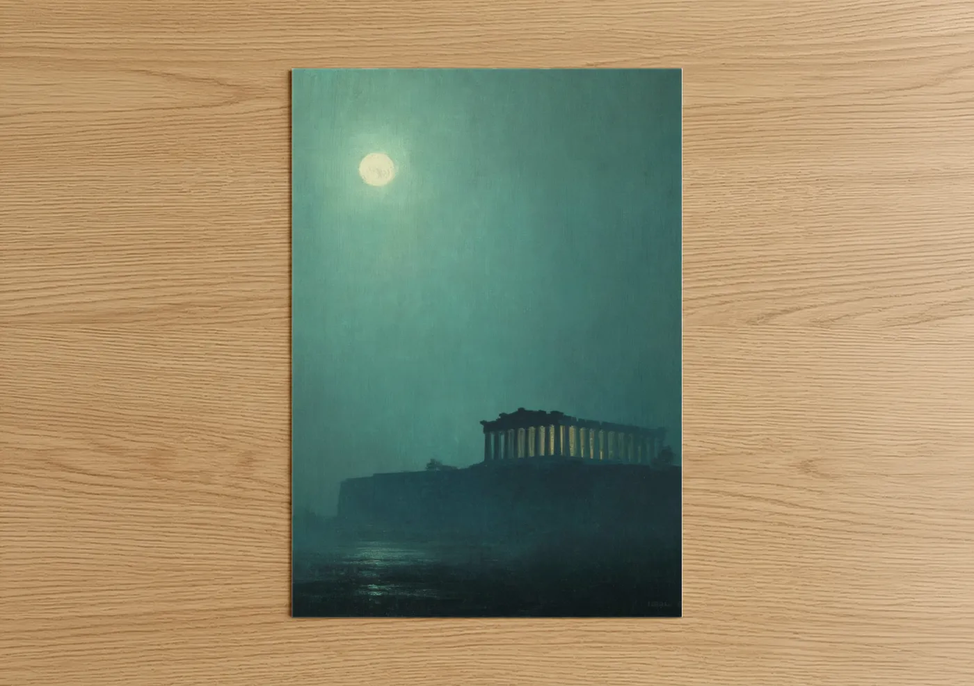 Art print on warm oak wood — teal and black and white palette — Moonlit Parthenon poster
