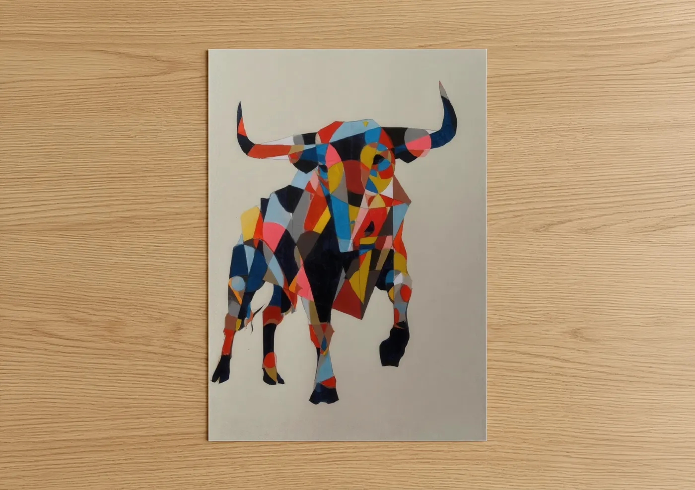 Art print on warm oak wood — red and blue palette — Geometric Bull poster