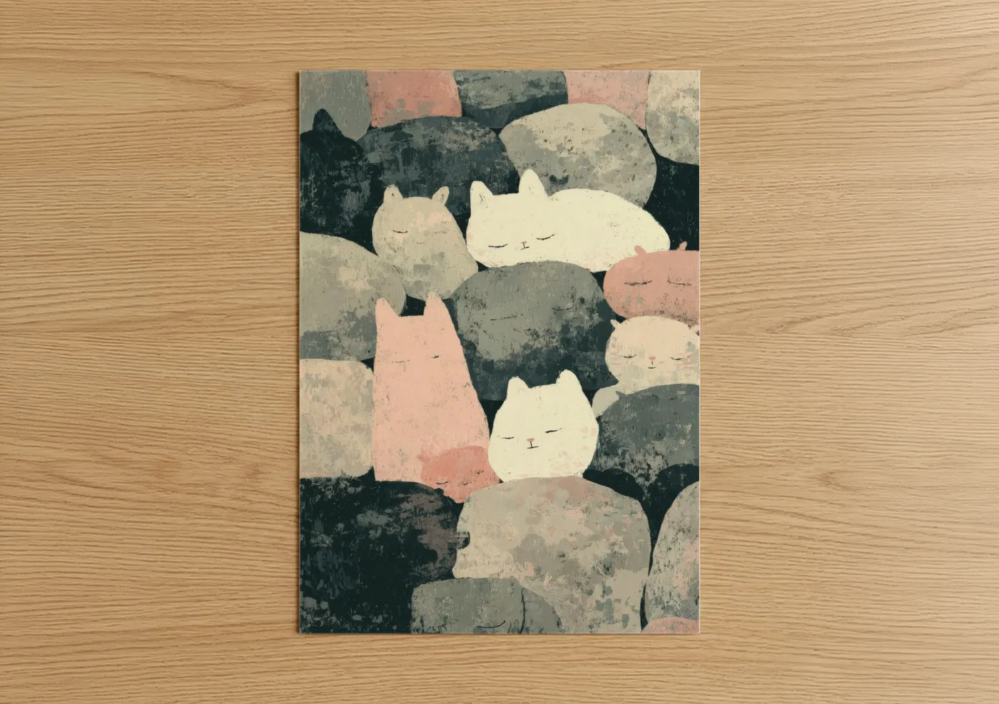 Art print on warm oak wood — cream and salmon pink palette — Sleeping Cats Masonry poster