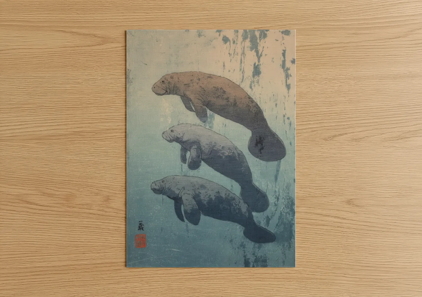 Art print on warm oak wood — cream and gray and pink palette — Serene Manatees poster