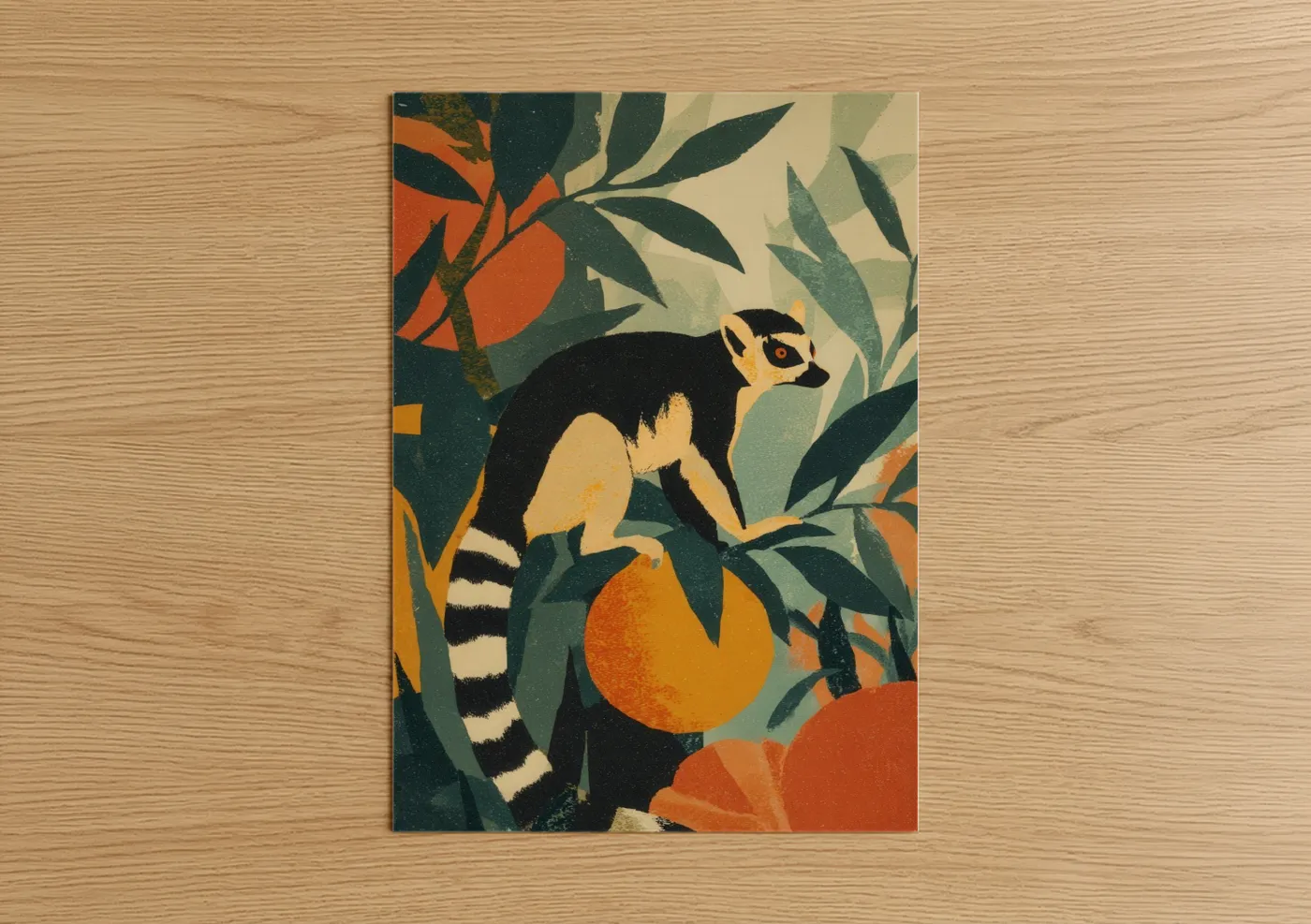 Art print on warm oak wood — orange and dark green palette — Tropical Lemur poster
