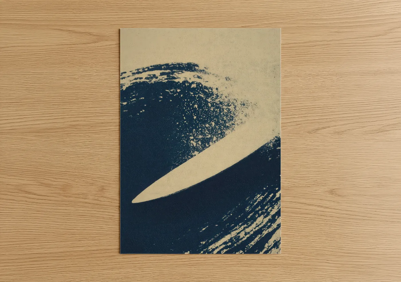Water surfing art print on warm oak wood — blue and white and cream palette — Ocean Wave Abstract poster