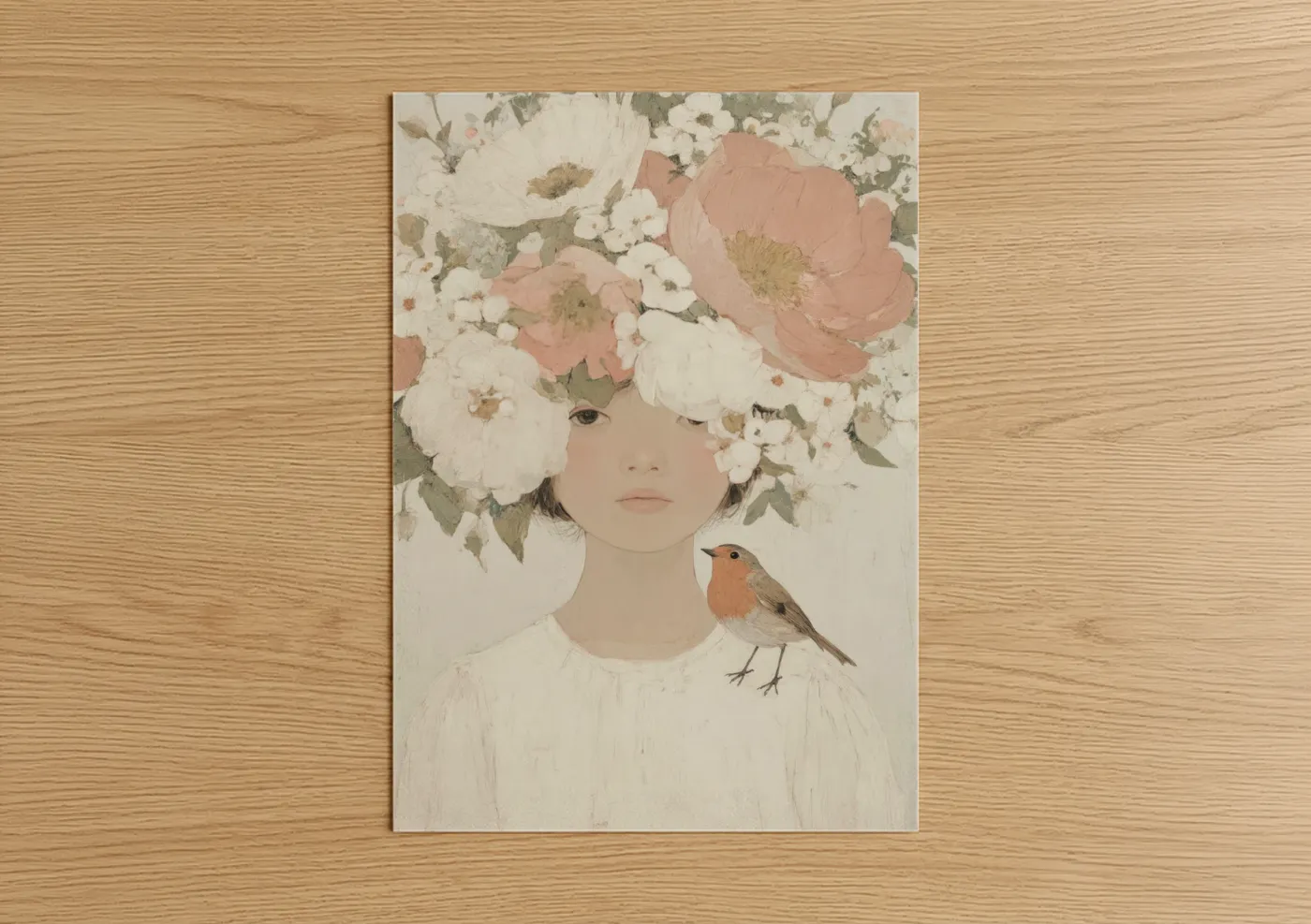 Girl with Flower Crown and Bird Wall Art
