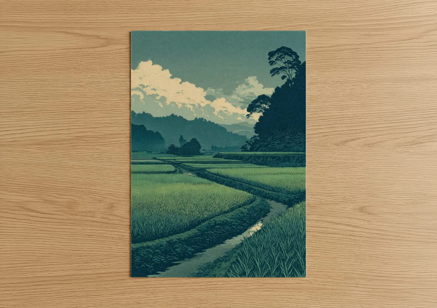 Art print on warm oak wood — teal and green palette — Green Field Rural Landscape poster
