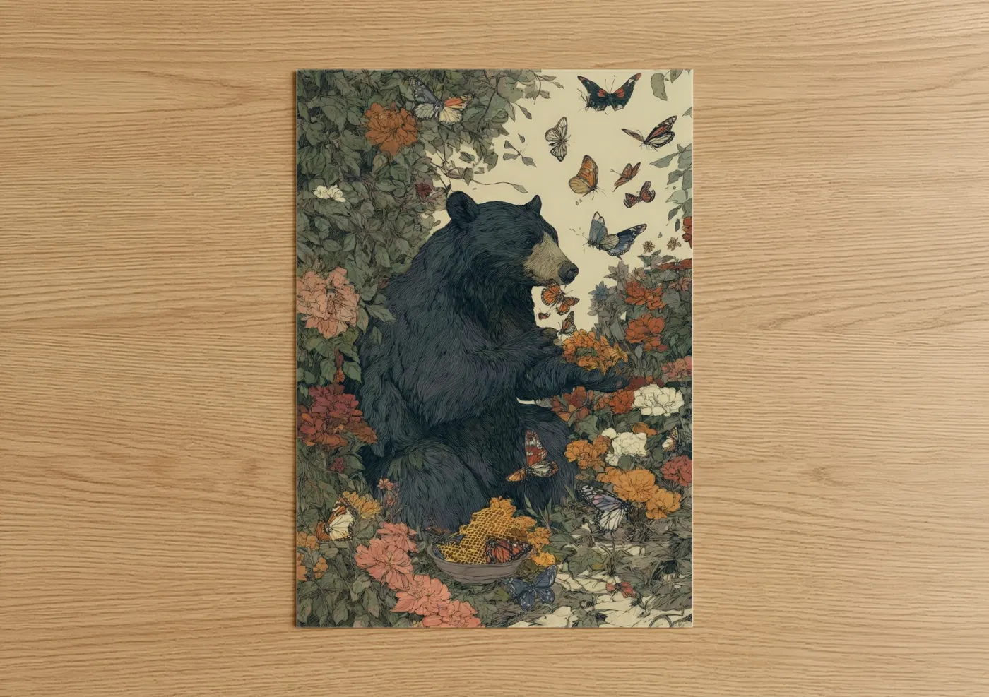 Art print on warm oak wood — dark blue and gold palette — Butterfly Sloth Bear poster