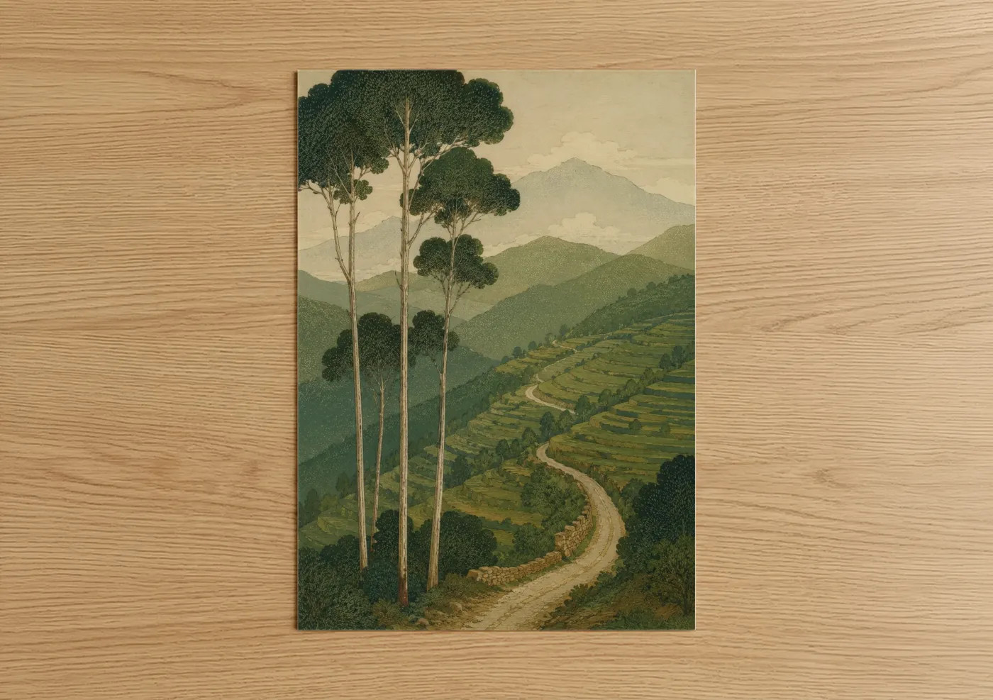 Art print on warm oak wood — true green and beige palette — Mountain Eucalyptus Valley Landscape Wall Art poster