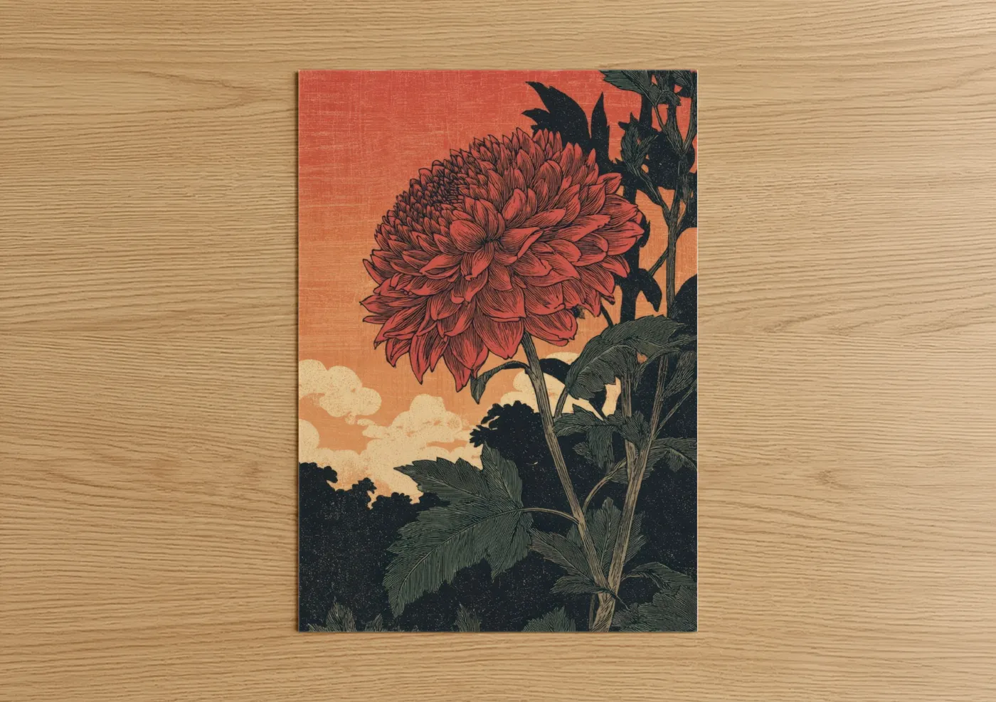 Sunset Dahlia Botanical Illustration Wall Art