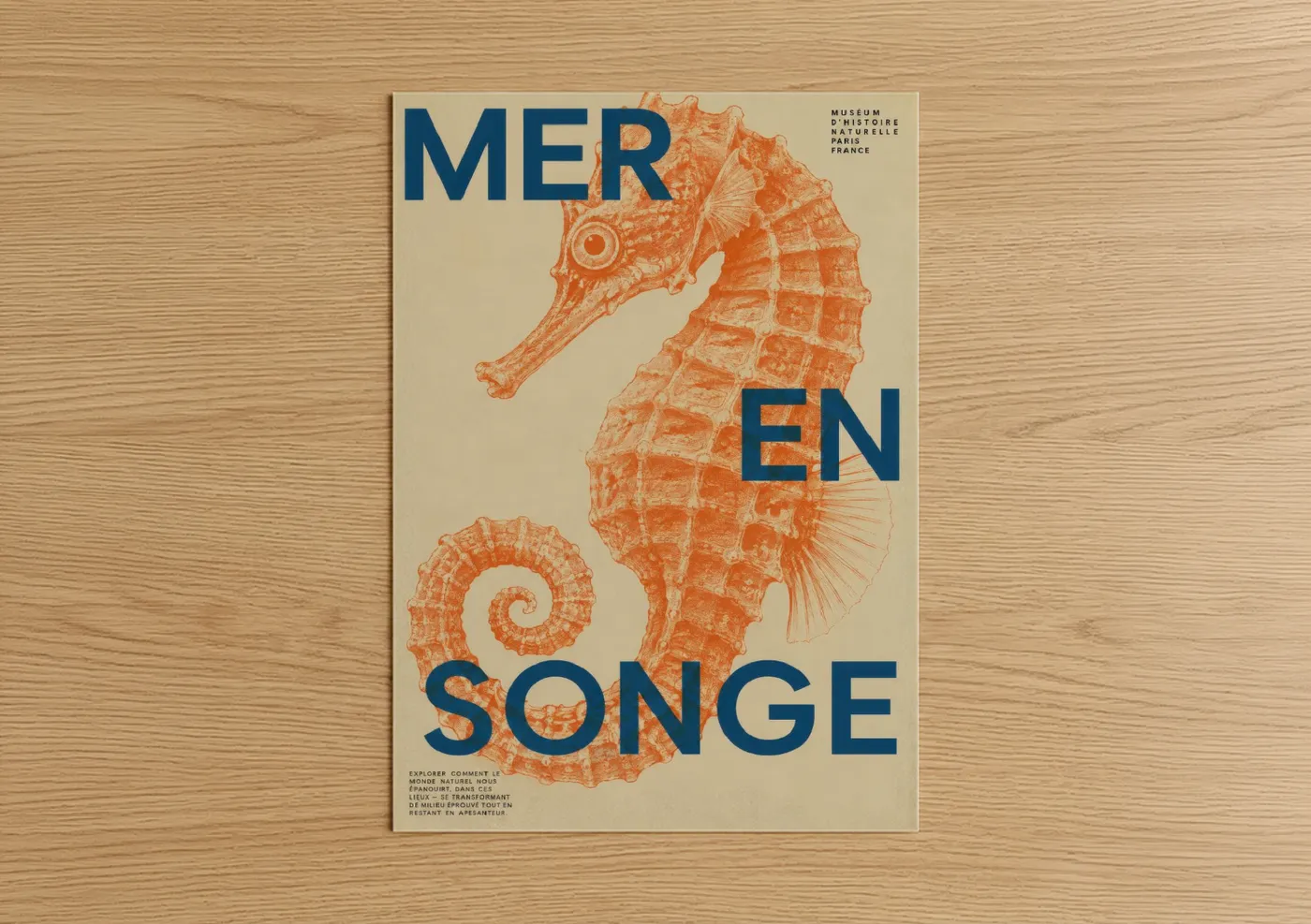 Sea horse art print on warm oak wood — orange and beige palette — Vintage Seahorse Museum Poster Wall Art poster