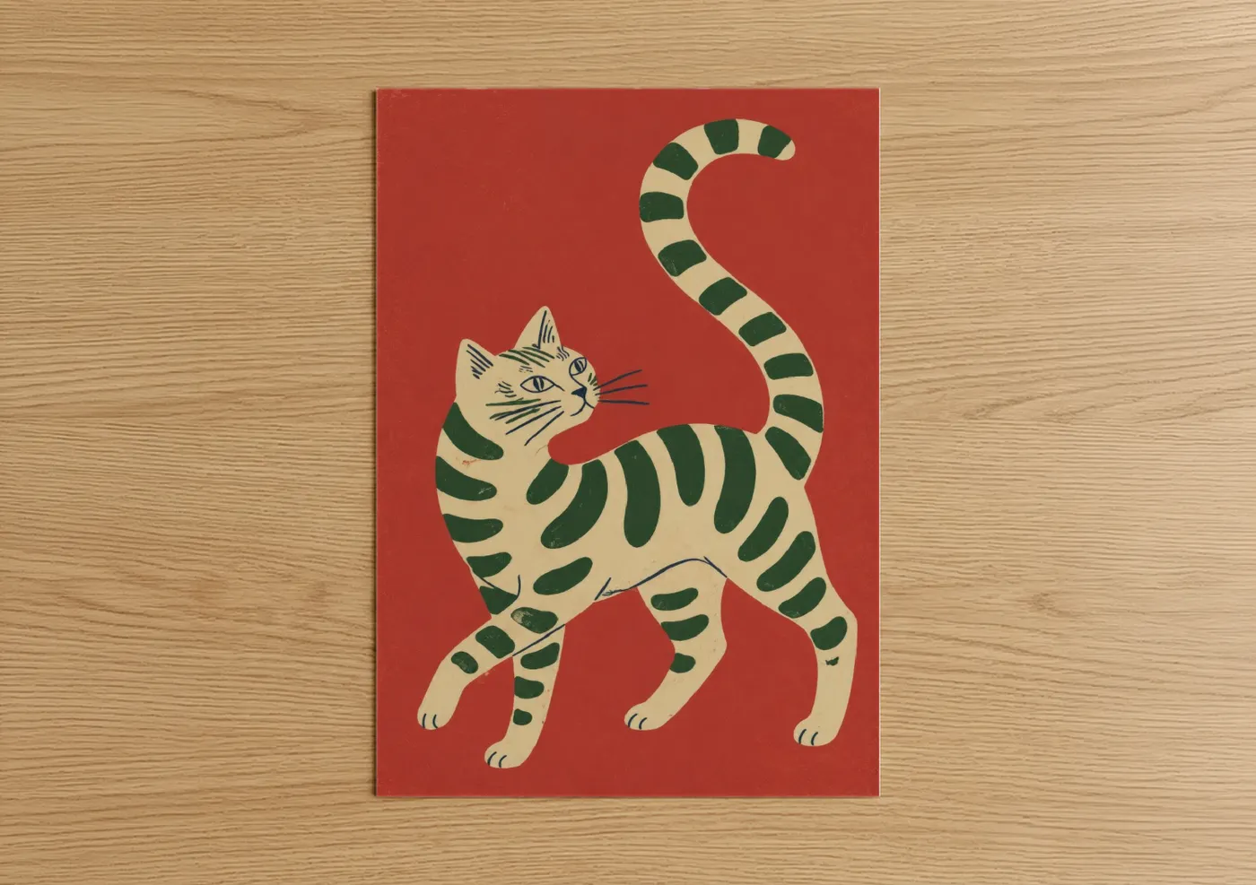 Art print on warm oak wood — red and cream palette — Striped Cat Minimalist Wall Art poster