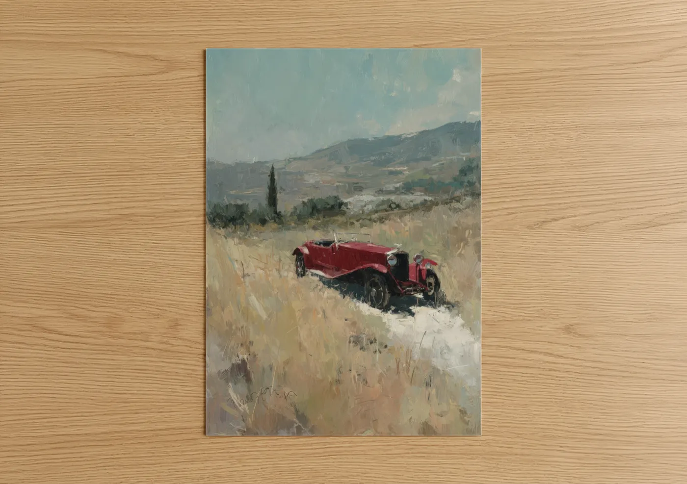 Vintage Red Classic Car Tuscan Landscape Wall Art
