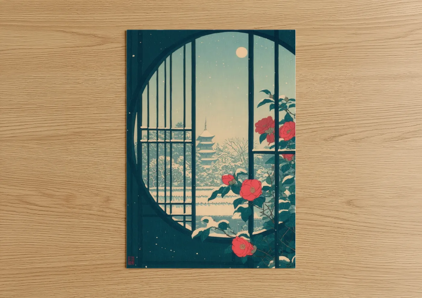 Moonlit Garden Window Japanese Art Print Wall Art