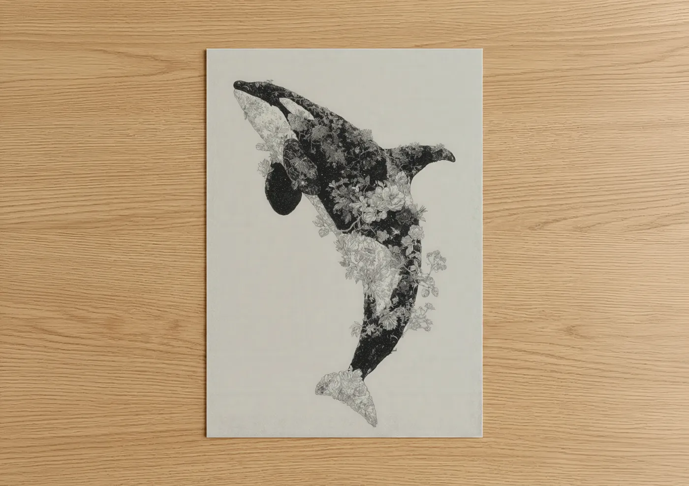 Floral Orca Whale Black and White Art Wall Art