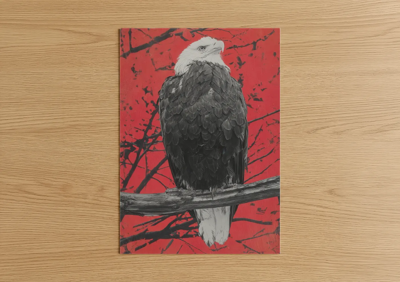 Art print on warm oak wood — red and black and white palette — Crimson Eagle Portrait poster