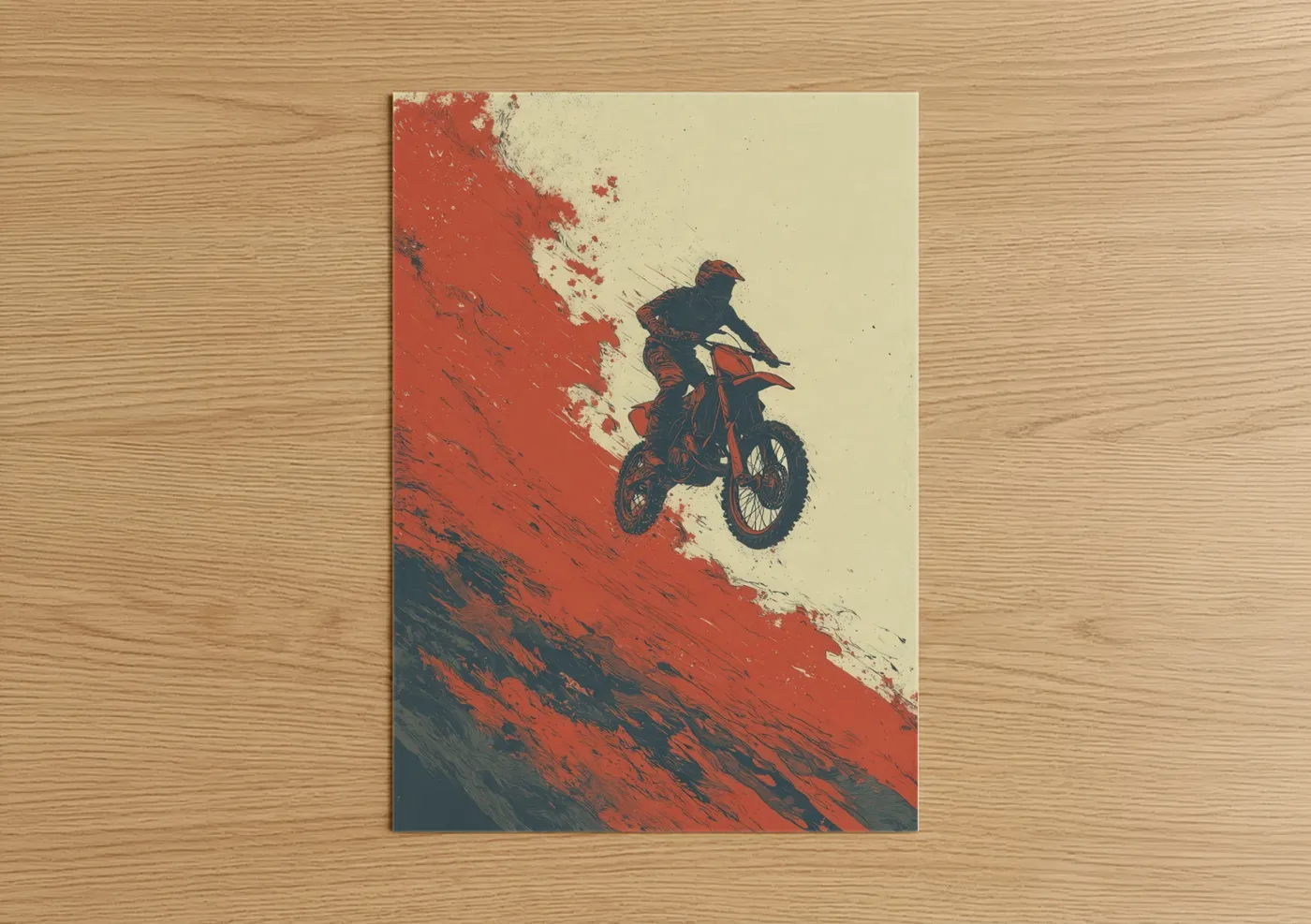 Vintage motorcycle art print on warm oak wood — red and cream palette — Desert Rider poster