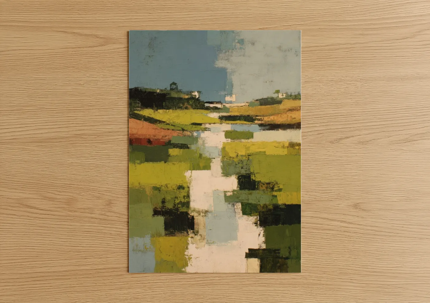 Art print on warm oak wood — yellow gold and true green palette — Patchwork Vineyards poster