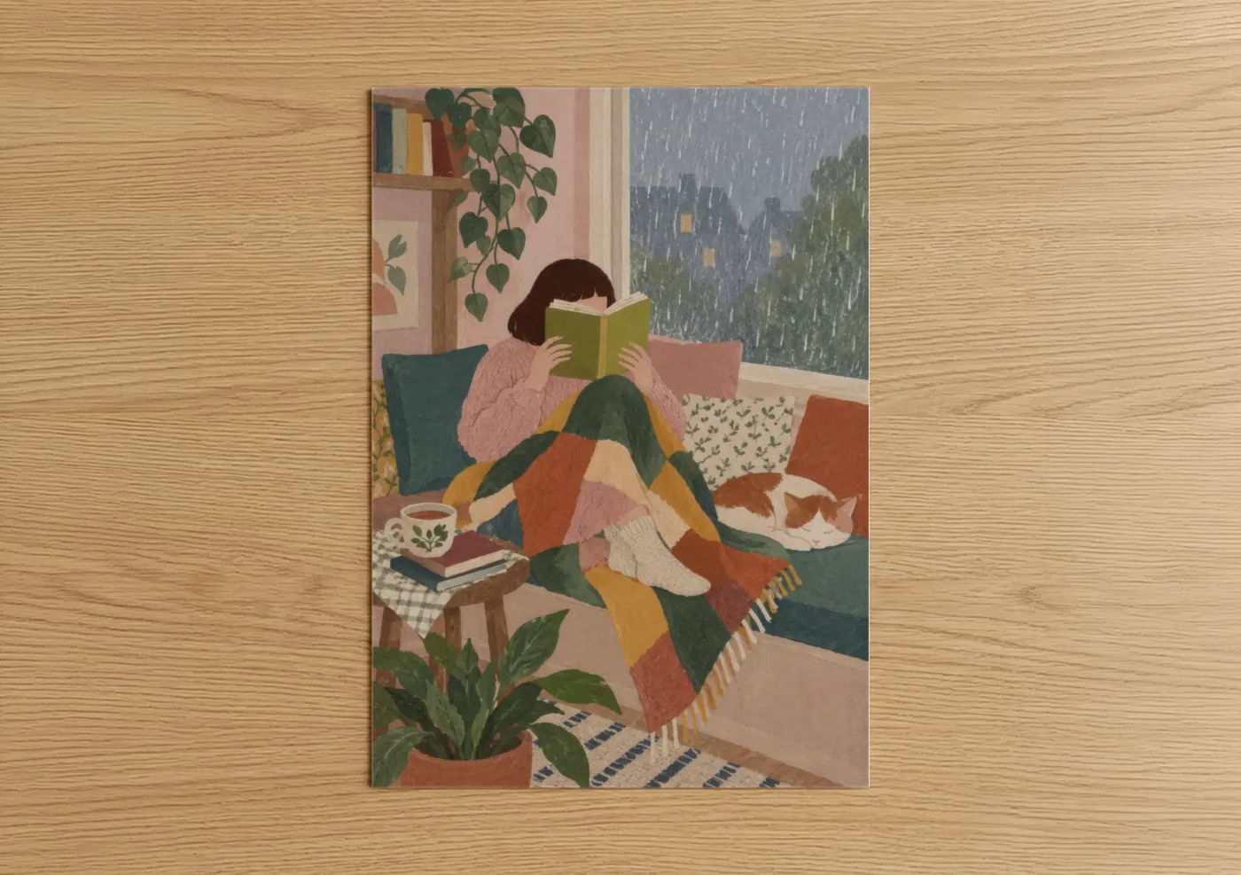 Art print on warm oak wood — pink and green palette — Cozy Reading Nook Wall Art poster