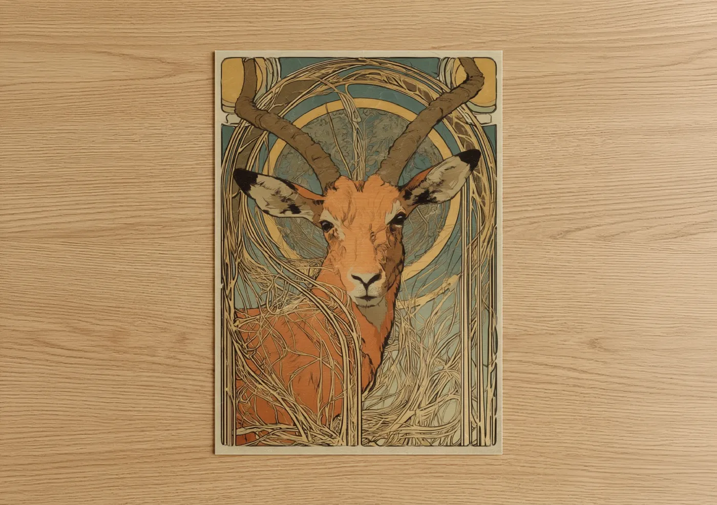 Art print on warm oak wood — cream and sage green palette — Sacred Antelope poster