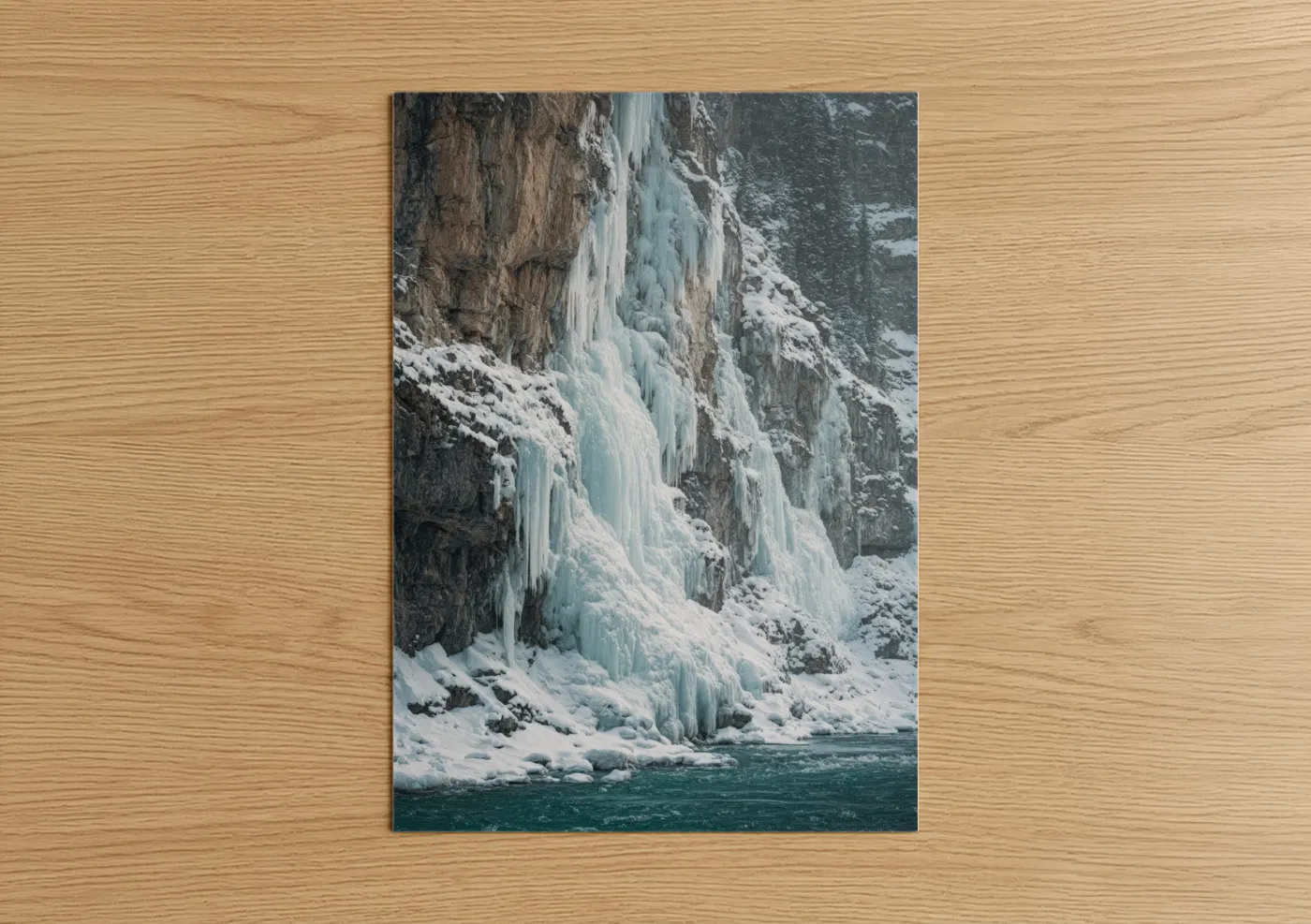 Winter art print on warm oak wood — blue and white and turquoise palette — Frozen Waterfall poster